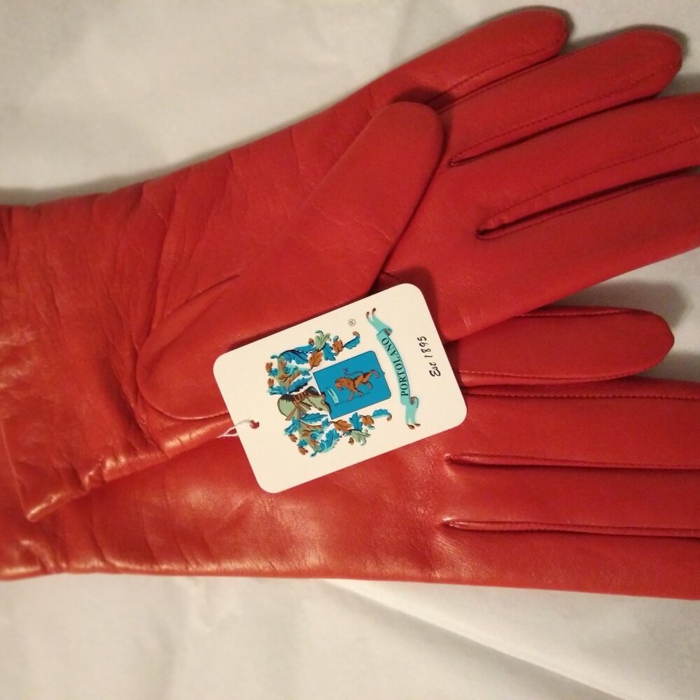 Portolano NWT's Corallo Red Leather Gloves/Cashmere Lined Ladies Size 7
